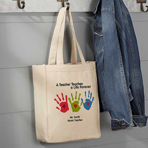 Colorful Hand Prints Personalized Small Teacher Tote Bag