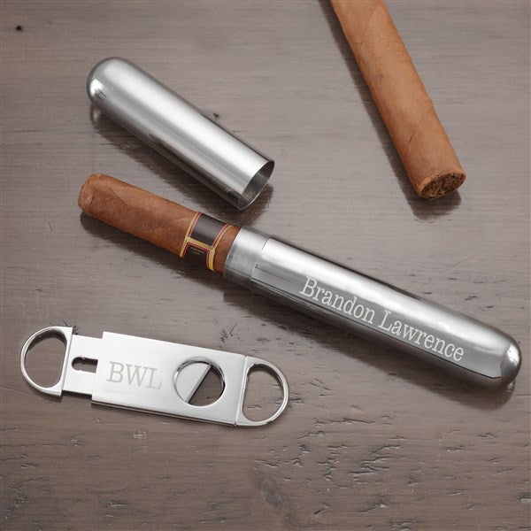 Engraved Silver Cigar Case and Cutter Set - 8655