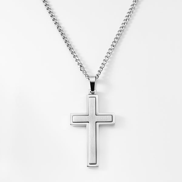 Engraved Two Tone Brushed Stainless Cross Necklace