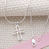 Sterling Silver Cross Necklace with Swarovski Birthstone - 6646D