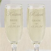 Engraved Crystal Champagne Flutes - Bride and Groom Design - 7095