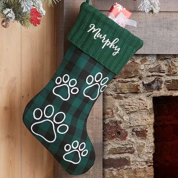 Buffalo Check Paw Prints Personalized Green Dog Christmas Stocking